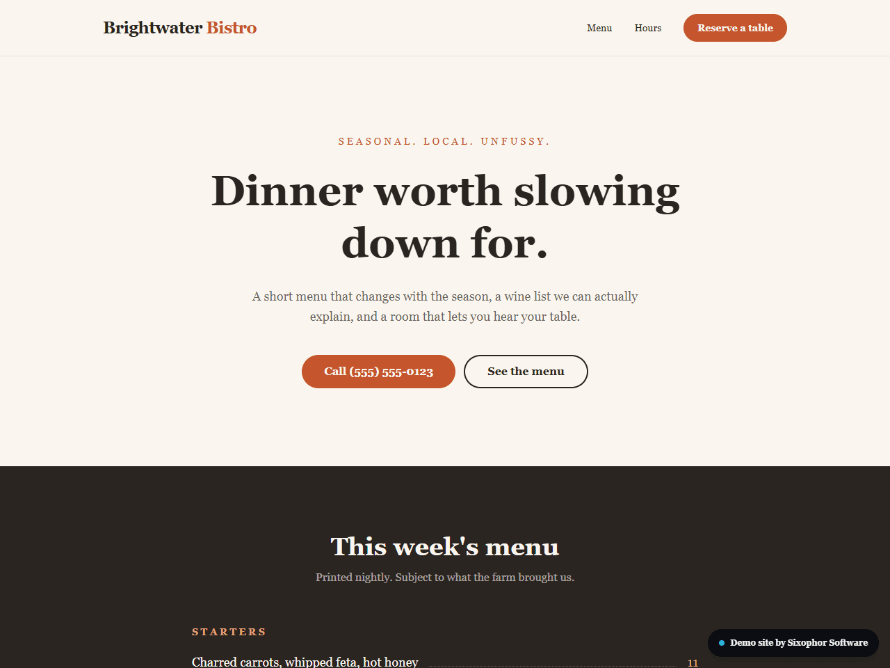 Screenshot of the Brightwater Bistro demo site